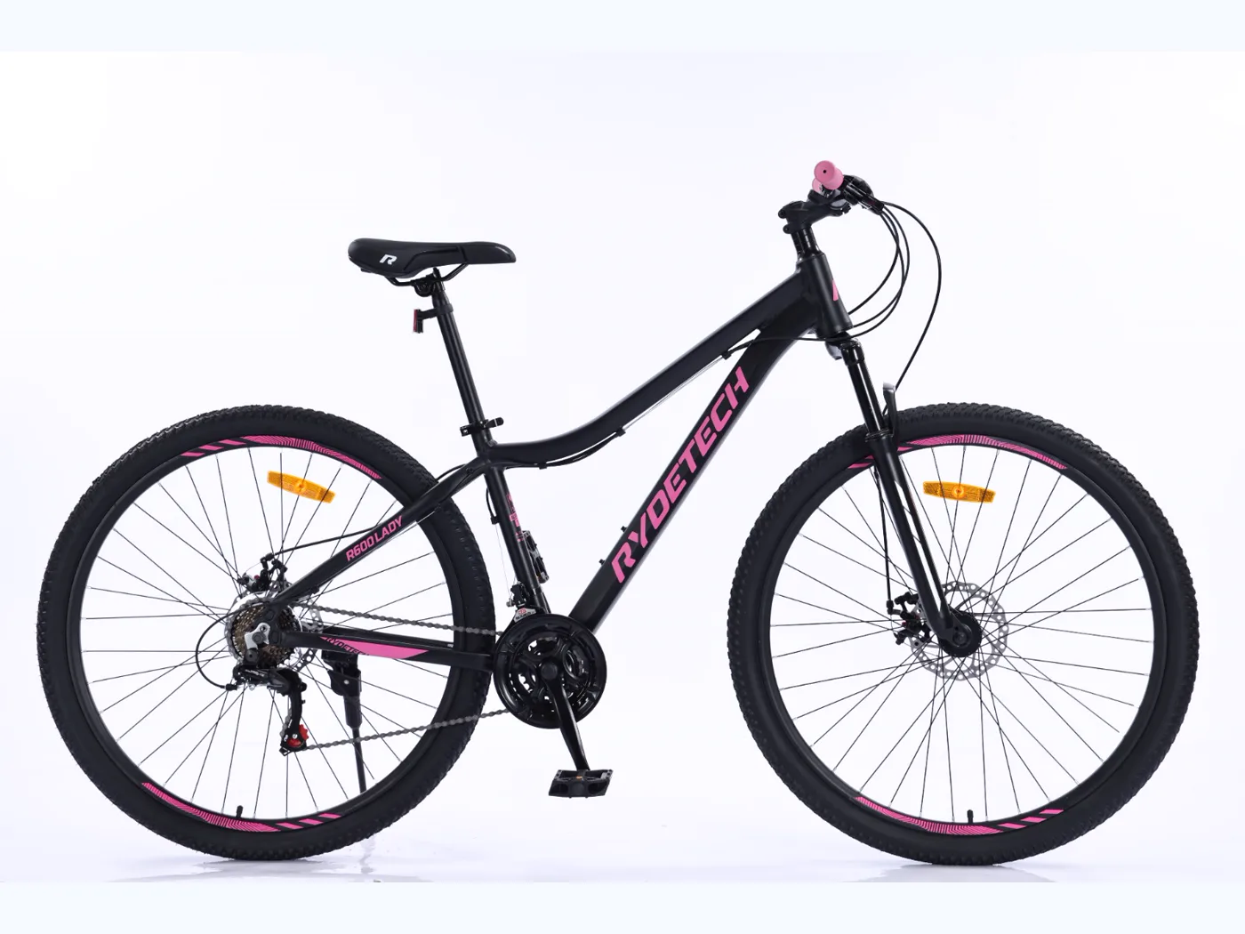 Bicicleta Rydetech 600 Lady negra con detalles rosas, de perfil sobre fondo blanco