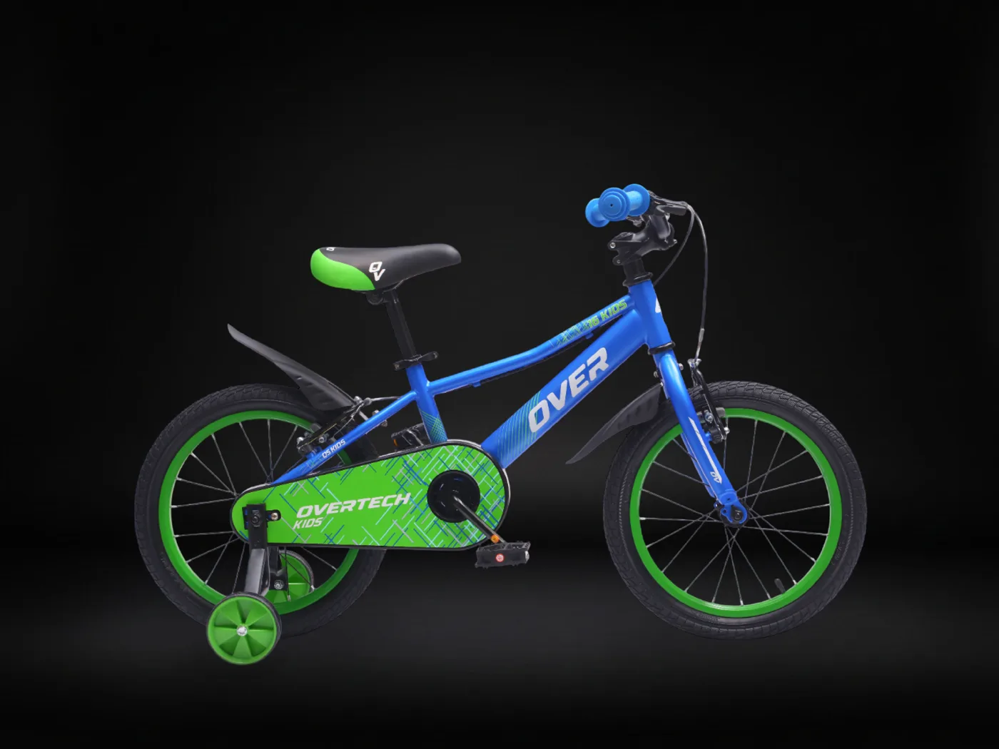 Bicicleta infantil Overtech Q5 Kids rodado 16 azul con llantas verdes y rueditas