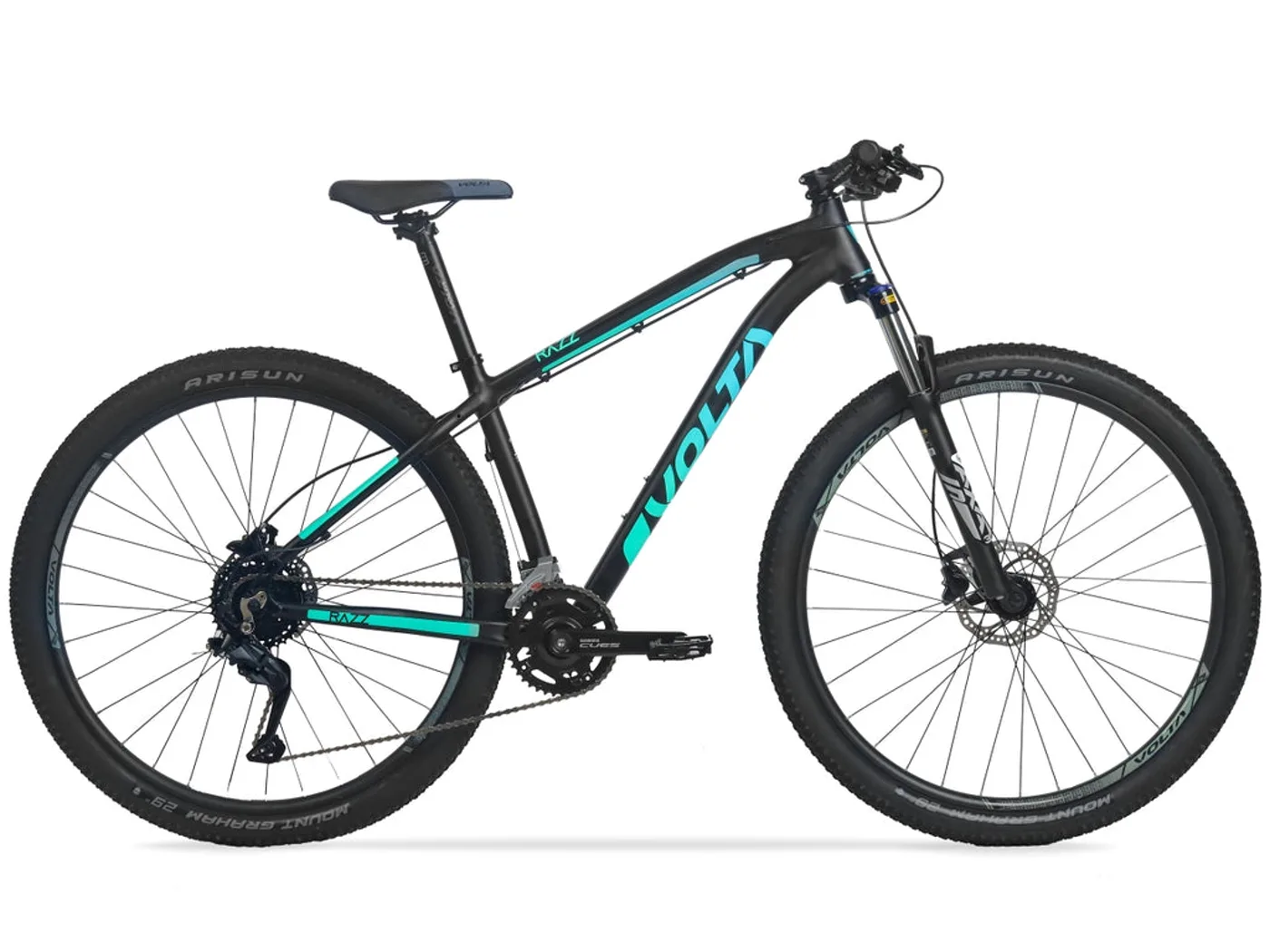 Bicicleta Volta Razz negra con detalles turquesa, de perfil sobre fondo blanco