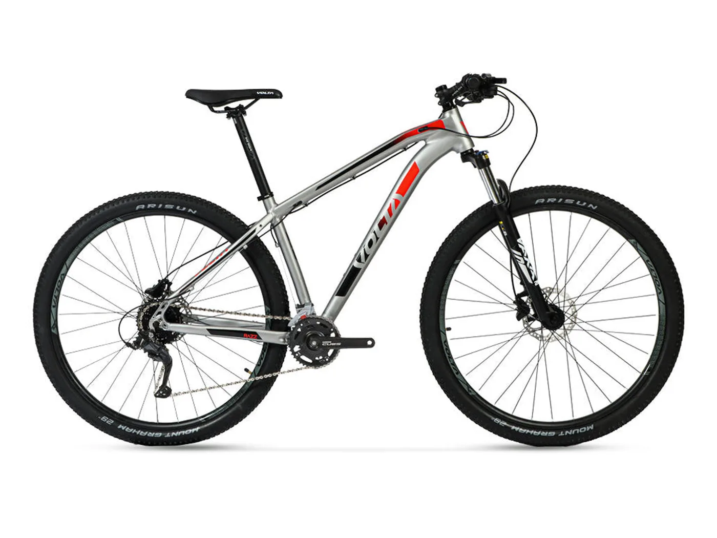 Bicicleta Volta Razz plateada con detalles rojos, de perfil sobre fondo blanco